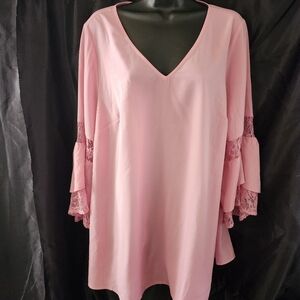 Pink V-Neck Shirt with Lace Sleeves